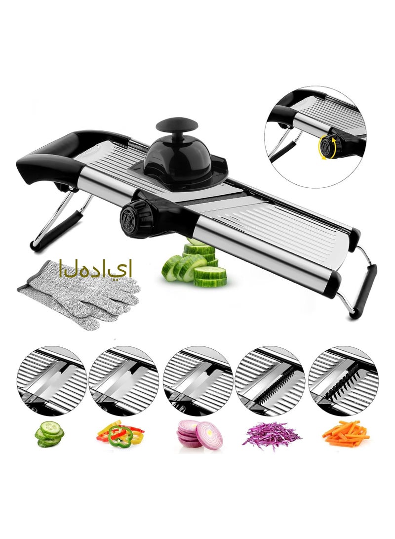 أداة تقطيع المطبخ، أداة تقطيع الطعام للمطبخ، ماندولين، قاطع بطاطس، مفرمة خضار، قاطع خضار وبصل وطماطم قابل للتعديل من الفولاذ المقاوم للصدأ مع قفازات مقاومة للقطع. - Image 1