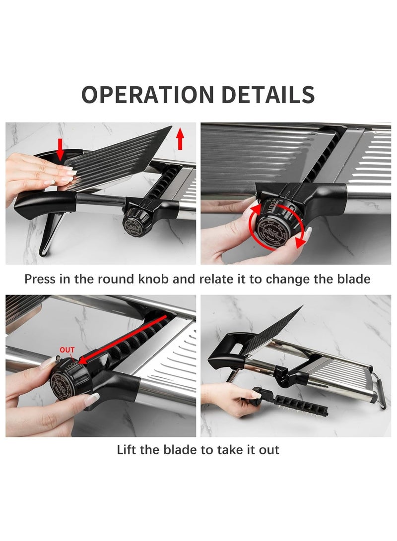 أداة تقطيع المطبخ، أداة تقطيع الطعام للمطبخ، ماندولين، قاطع بطاطس، مفرمة خضار، قاطع خضار وبصل وطماطم قابل للتعديل من الفولاذ المقاوم للصدأ مع قفازات مقاومة للقطع. - Image 3