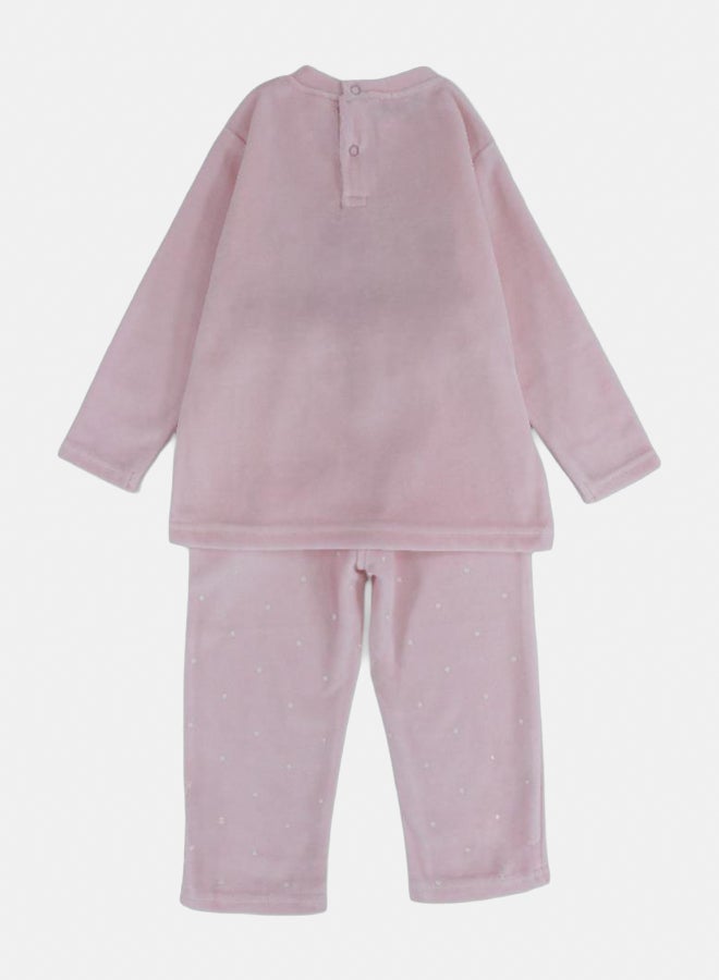 بمبيلو طقم قطعتين مخملي للبنات الصغار – وردي مع تصميم كلاب بودل لطيفة - Image 2