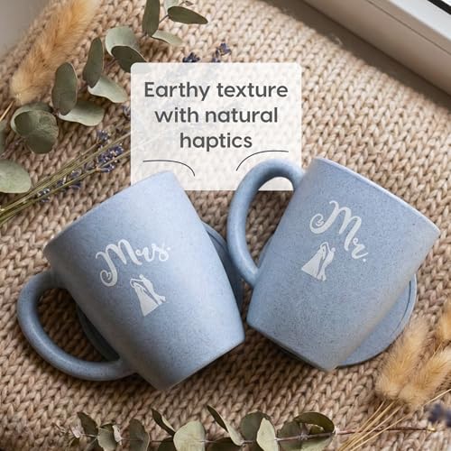 Eha Earth-Friendly Mr & Mrs Classic Coffee Mugs for Couple | Wedding Gift for Couples| Made with Rice Husk| Two Mugs, Coasters Set of 2, Keychain & One Loopac Box | 300 ml | Azure - Image 5