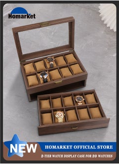 HomarKet Watch Box Organizer for Men, 20 Slot Watch Display Case with Drawer, Mens Watch Box Watch Case Holder, 20 Watch Box Double-layer Watch Storage Case with Glass Lid -Brown  - Image 1