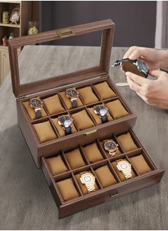 HomarKet Watch Box Organizer for Men, 20 Slot Watch Display Case with Drawer, Mens Watch Box Watch Case Holder, 20 Watch Box Double-layer Watch Storage Case with Glass Lid -Brown  - Image 3