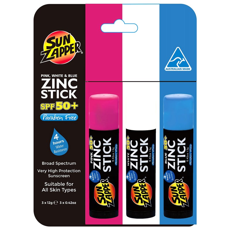 Sun Zapper Zinc Oxide Sunscreen Stick – SPF 50+ Waterproof – 3-Pack (Pink, White, Blue) – For Face & Body – Adults, Kids, Baby – Travel Size – Made in Australia - Image 1