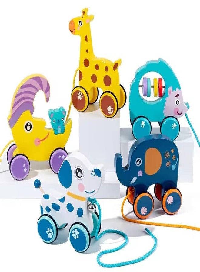 Urbane Chic Wooden Pull Along Car Toy, Animal Shape Trolley with Drag Rope, for Toddlers 1+ Years-Multicolor - Image 4