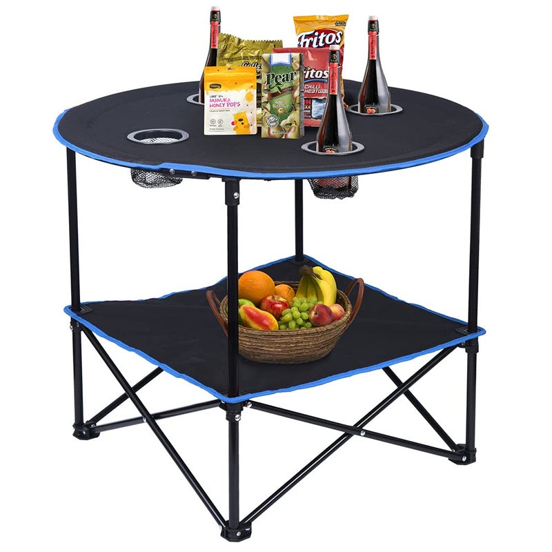LEADALLWAY Folding Picnic Table Portable Outdoor Camping Table with 4 Cup Holders and Carrying BagsCollapsible Canvas Travel Table for Outdoor PicnicBarbecueTravelFishing BlackBlue