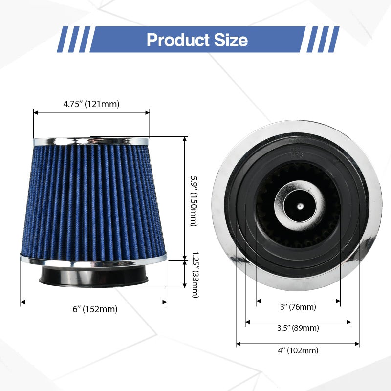 moafaye Universal Clamp On Air Intake Filter fits 3 In /3.5 In /4 In Three Different Size, Cone Air Intake Filterï¼ˆBlueï¼‰ - Image 2