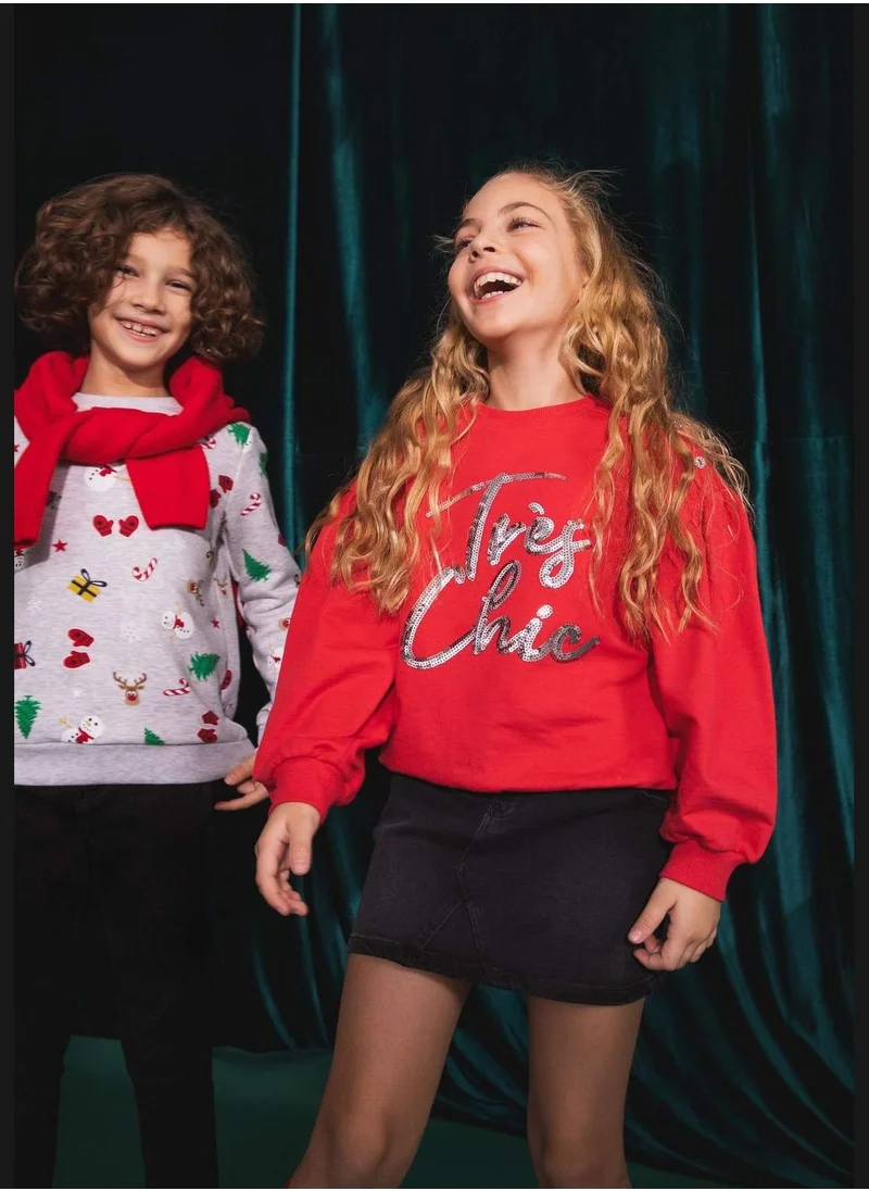 DeFacto New Year Girl C Neck Long Sleeve Knitted Sweatshirt