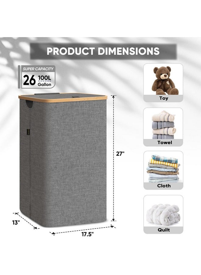Baleine - BALEINE Laundry Hamper with Lid, Tall Laundry Baskets with Bamboo Pull Handles, Large Laundry Bin with Internal Support (26 Gal/100L, Green) - Image 1
