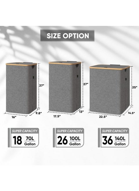 BALEINE Laundry Hamper with Lid, Tall Laundry Baskets with Bamboo Pull Handles, Large Laundry Bin with Internal Support (26 Gal/100L, Green)