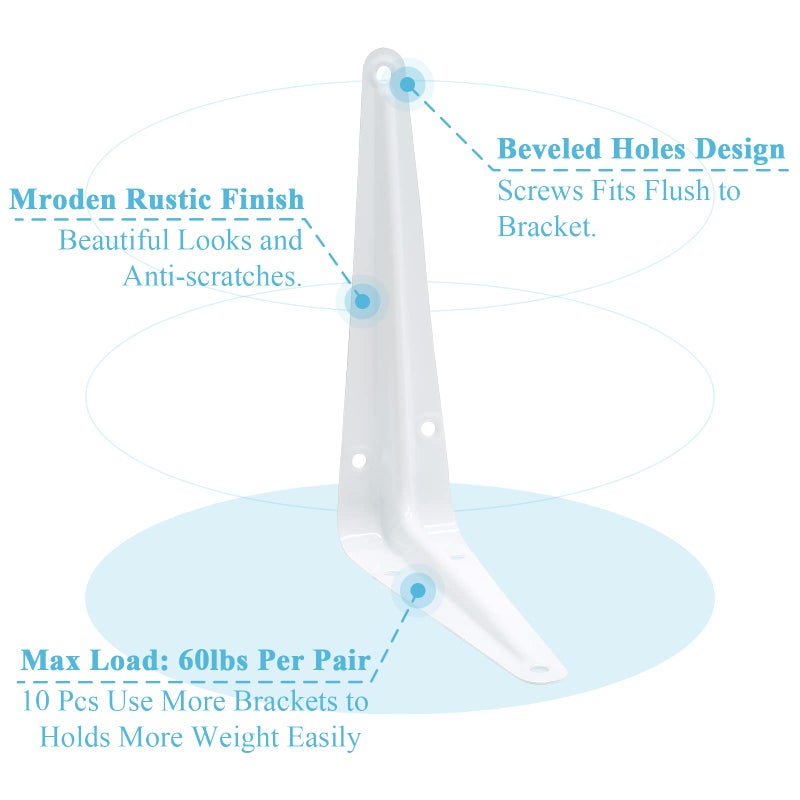 Uenhoy 10 Pack White Shelf Brackets 8 Inch Metal Floating Shelf Brackets Heavy Duty L Brackets for Shelves, Wall Mount Angle Corner Braces (8" x 6") - Image 3