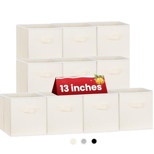Criusia Large Storage Cubes, 13 Inch Cube Storage Bins for Shelves Closet Nursery Bedroom - 10 Pack Collapsible Storage Baskets with Handles - Fabric Bins for Organizing Clothes Blanket Toys (Beige) - Image 1