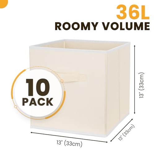 Criusia Large Storage Cubes, 13 Inch Cube Storage Bins for Shelves Closet Nursery Bedroom - 10 Pack Collapsible Storage Baskets with Handles - Fabric Bins for Organizing Clothes Blanket Toys (Beige) - Image 2