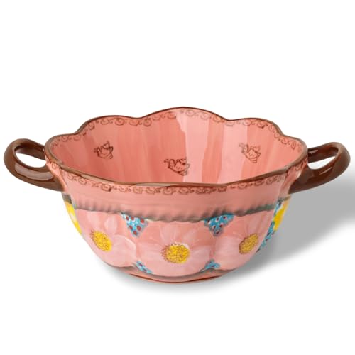 silesia Handmade Salad Bowls with Handles, 45 oz Hand-Painted Serving Bowl, Large Ceramic Crocks for Soup, Pasta, Stew, Microwave & Dishwasher Safe, Kitchen Decor Gift (Glazed Pink) - Image 1