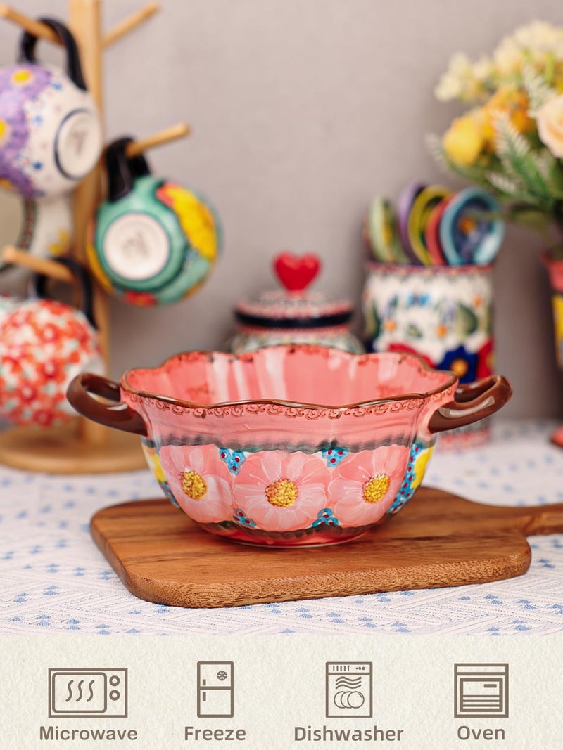 silesia Handmade Salad Bowls with Handles, 45 oz Hand-Painted Serving Bowl, Large Ceramic Crocks for Soup, Pasta, Stew, Microwave & Dishwasher Safe, Kitchen Decor Gift (Glazed Pink) - Image 3