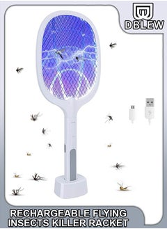 2 In 1 Handheld Electric Fly Swatter Mosquito Killer Bat Mosquitoes Lamp Racket USB Rechargeable Bug Zapper with Grid 3-Layer Mesh for Home and Outdoor Pest Control