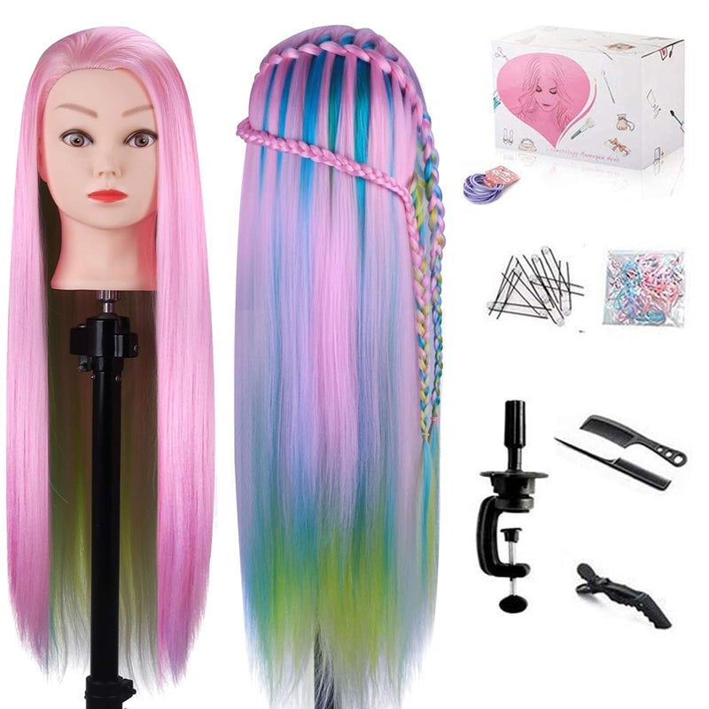 MYSWEETY 29 Inch Colorful Hair Mannequin Head Hairdressing Practice Training Doll Heads Cosmetology Hair Styling Mannequins Heads with Clamp  Practice ToolsPINK