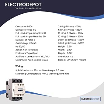 Electrodepot 20 Amp Motor Control AC Contactor 18A 3 Phase 3-Pole, Lighting 32A Coil 120V - 100% Quality - Image 3