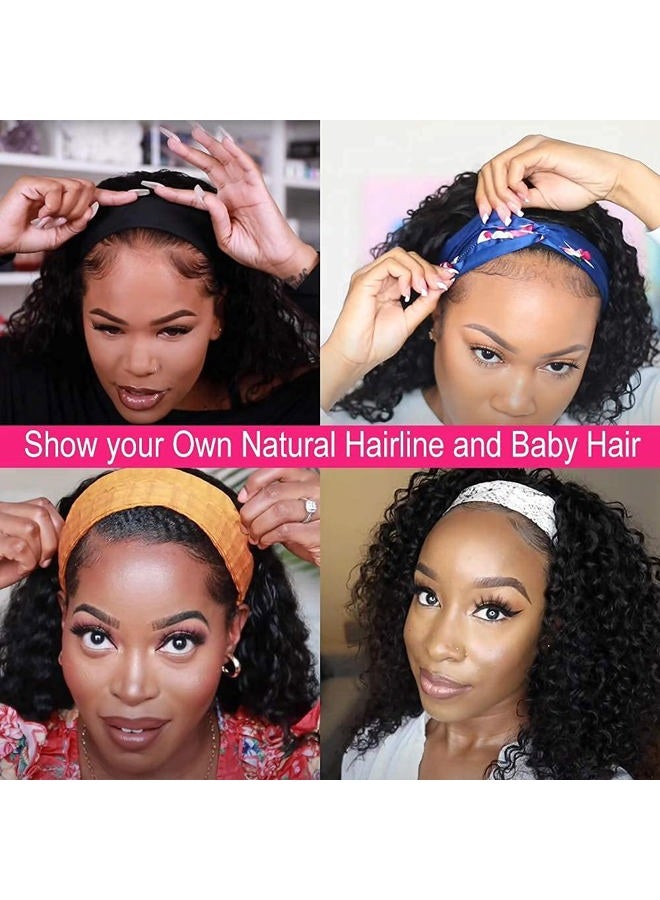 mengkai 12 Inch Headband Wig Human Hair Curly Headband Wigs for Women Density Brazilian Virgin Human Hair Headband Wig Glueless Curly Headband Wig Human Hair Natural Black Headband Wig - Image 3