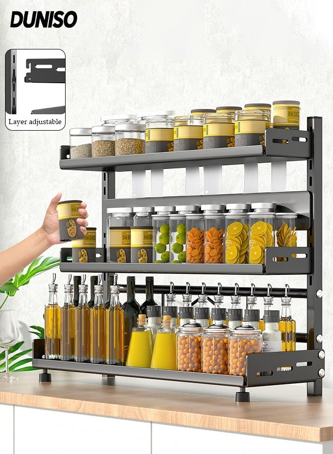 DUNISO 3-Tier Stainless Steel Spice Shelf,  Height-Adjustable Kitchen Countertop Organizer，Anti-Slip  Standing  Seasoning Storage Shelf ,with Knife Utensil Holder Tray for Kitchen - Image 1