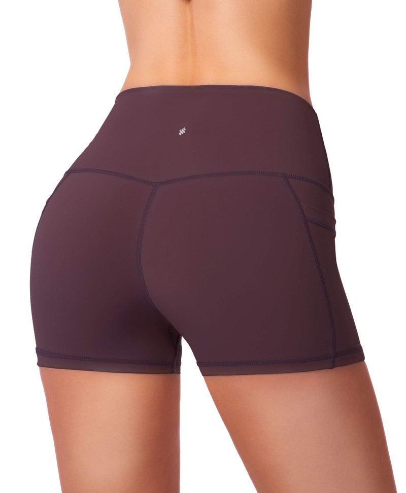 Soothfeel Women's High Waist Yoga Shorts with Side Pockets Tummy Control Running Gym Workout Biker Shorts for Women 8" /3"(3" Wine, S) - Image 4