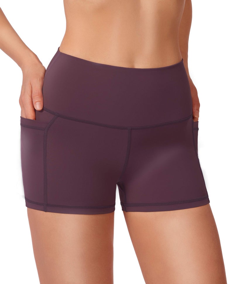 Soothfeel Women's High Waist Yoga Shorts with Side Pockets Tummy Control Running Gym Workout Biker Shorts for Women 8" /3"(3" Wine, S) - Image 2