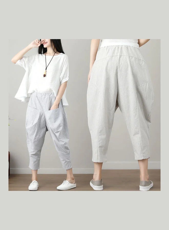 Women's Casual Cotton Linen Harem Pants with Loose Fit and Cropped Length in Khaki - Image 4