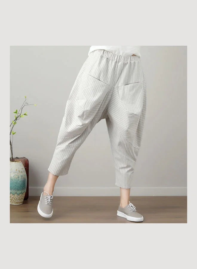 Women's Casual Cotton Linen Harem Pants with Loose Fit and Cropped Length in Khaki - Image 3