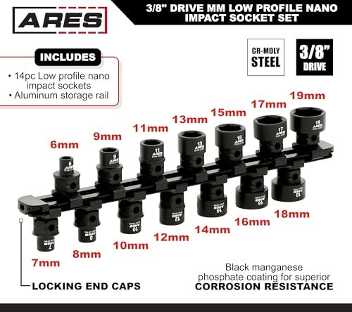 ARES 29018 14Piece 38Inch Drive Metric Low Profile Nano Impact Socket Set Impact Grade Sockets Offer Greater Clearance Than Typical Shallow Sockets Includes Aluminum Storage Rail - Image 3