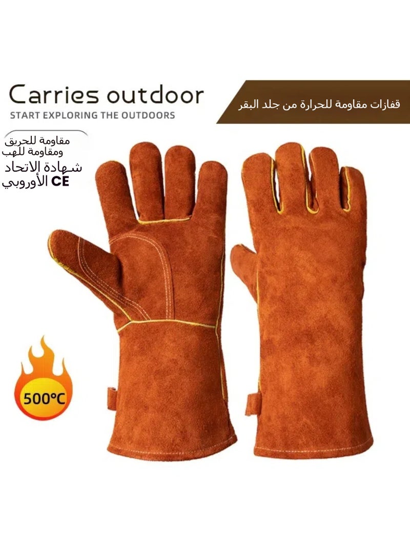 عام قفازات الفرن جلد البقر العزل الحراري ومقاومة درجات الحرارة العالية طويلة في الهواء الطلق نزهة التخييم الشواء النفط واقية ومكافحة السمط قفازات (14 بوصة) - Image 1