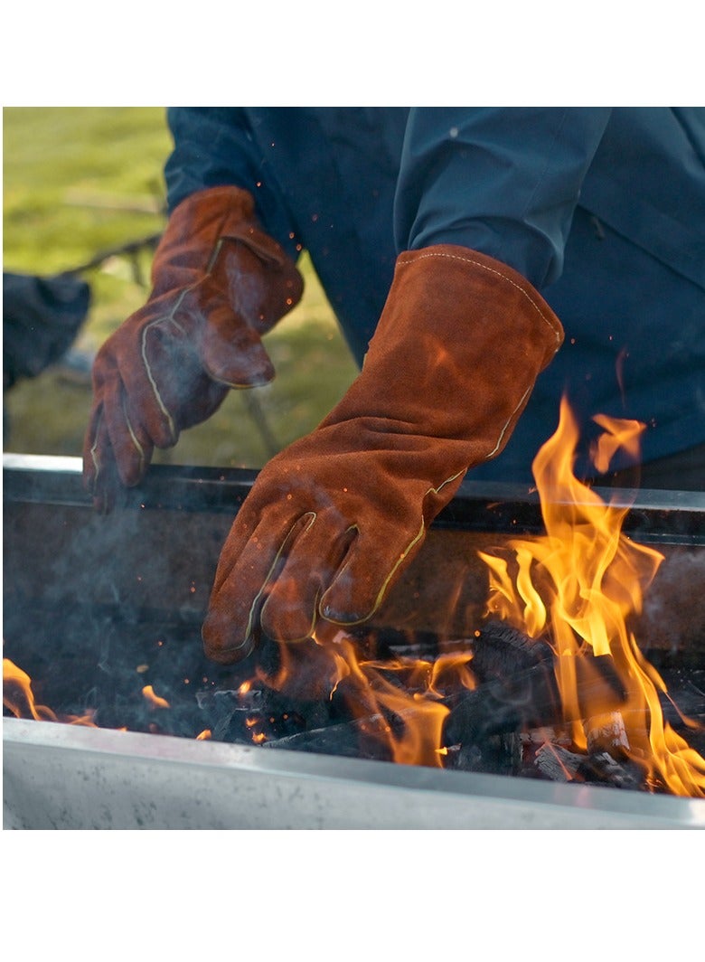 عام قفازات الفرن جلد البقر العزل الحراري ومقاومة درجات الحرارة العالية طويلة في الهواء الطلق نزهة التخييم الشواء النفط واقية ومكافحة السمط قفازات (14 بوصة) - Image 2