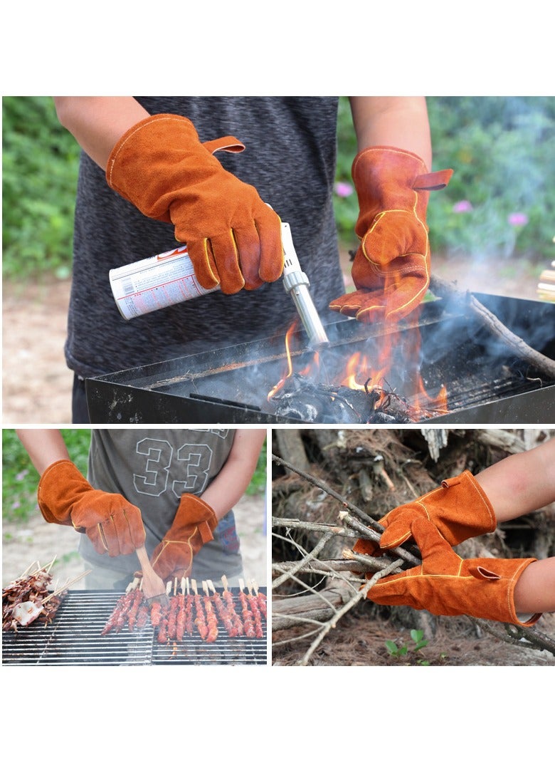 عام قفازات الفرن جلد البقر العزل الحراري ومقاومة درجات الحرارة العالية طويلة في الهواء الطلق نزهة التخييم الشواء النفط واقية ومكافحة السمط قفازات (14 بوصة) - Image 3