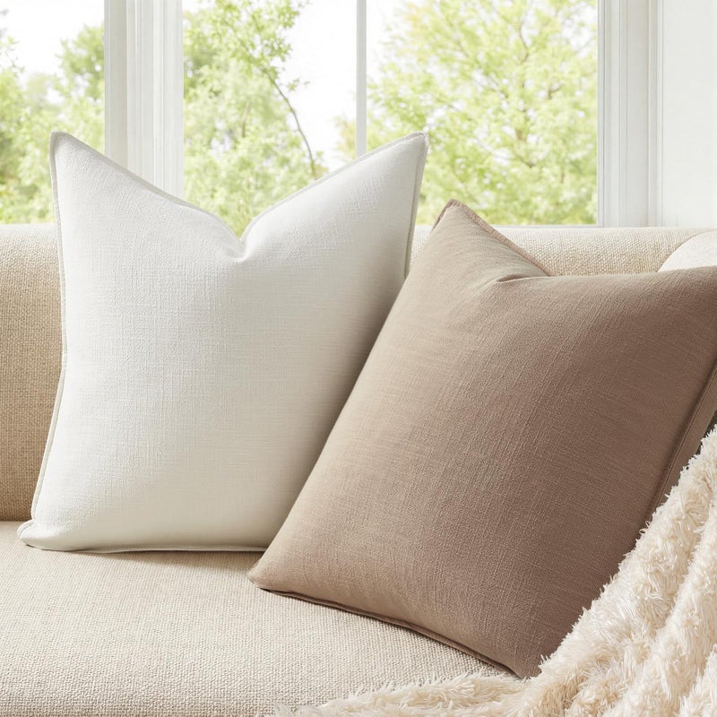 Drapenova Pack of 4 Decorative Linen Pillow Covers 18x18 Natural Boho Couch Throw Pillows for Bed Accent Modern Pillowcase for Sofa Livingroom Bed and Balcony Home Decor - Image 1
