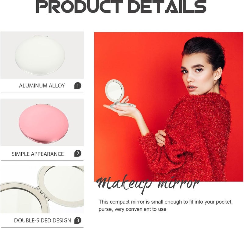 2pcs Dual-Sided Compact Vanity Mirrors Aluminum Folding Rounded Makeup Mirrors for Women Portable Travel Pocket with Pink and Silver Colors - Image 3