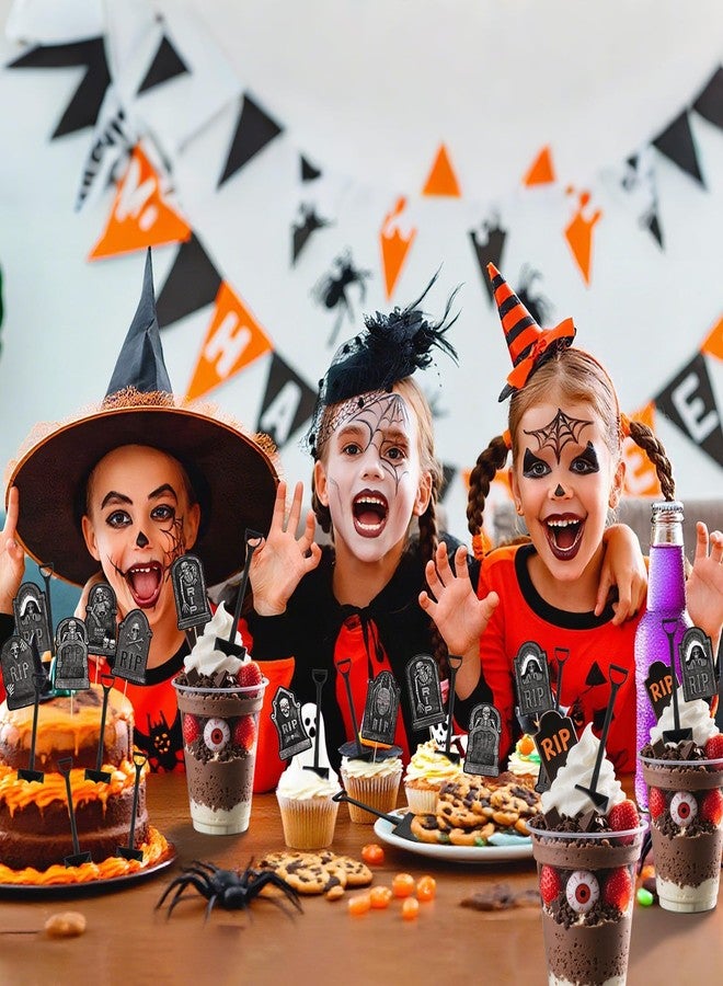 MEMOVAN Halloween Cupcake Toppers 48PCS Tombstones Cupcake Picks with Novelty Mini Shovel Spoons Graveyard Cake Topper Picks Scary Gravestone Skeleton Cupcake Decoration for Halloween Birthday Party - Image 3