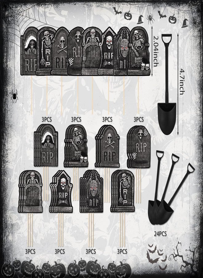 MEMOVAN Halloween Cupcake Toppers 48PCS Tombstones Cupcake Picks with Novelty Mini Shovel Spoons Graveyard Cake Topper Picks Scary Gravestone Skeleton Cupcake Decoration for Halloween Birthday Party - Image 2