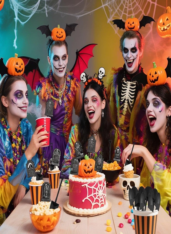 MEMOVAN Halloween Cupcake Toppers 48PCS Tombstones Cupcake Picks with Novelty Mini Shovel Spoons Graveyard Cake Topper Picks Scary Gravestone Skeleton Cupcake Decoration for Halloween Birthday Party - Image 4