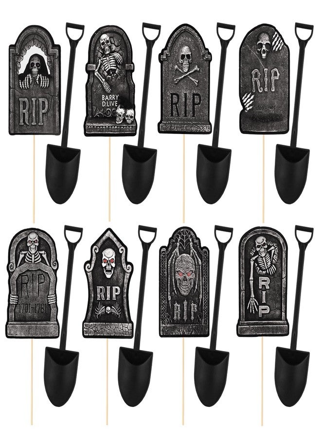 MEMOVAN Halloween Cupcake Toppers 48PCS Tombstones Cupcake Picks with Novelty Mini Shovel Spoons Graveyard Cake Topper Picks Scary Gravestone Skeleton Cupcake Decoration for Halloween Birthday Party - Image 1