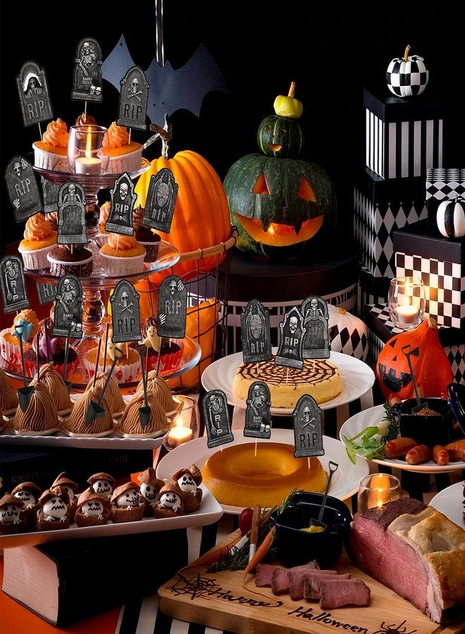 MEMOVAN Halloween Cupcake Toppers 48PCS Tombstones Cupcake Picks with Novelty Mini Shovel Spoons Graveyard Cake Topper Picks Scary Gravestone Skeleton Cupcake Decoration for Halloween Birthday Party - Image 5