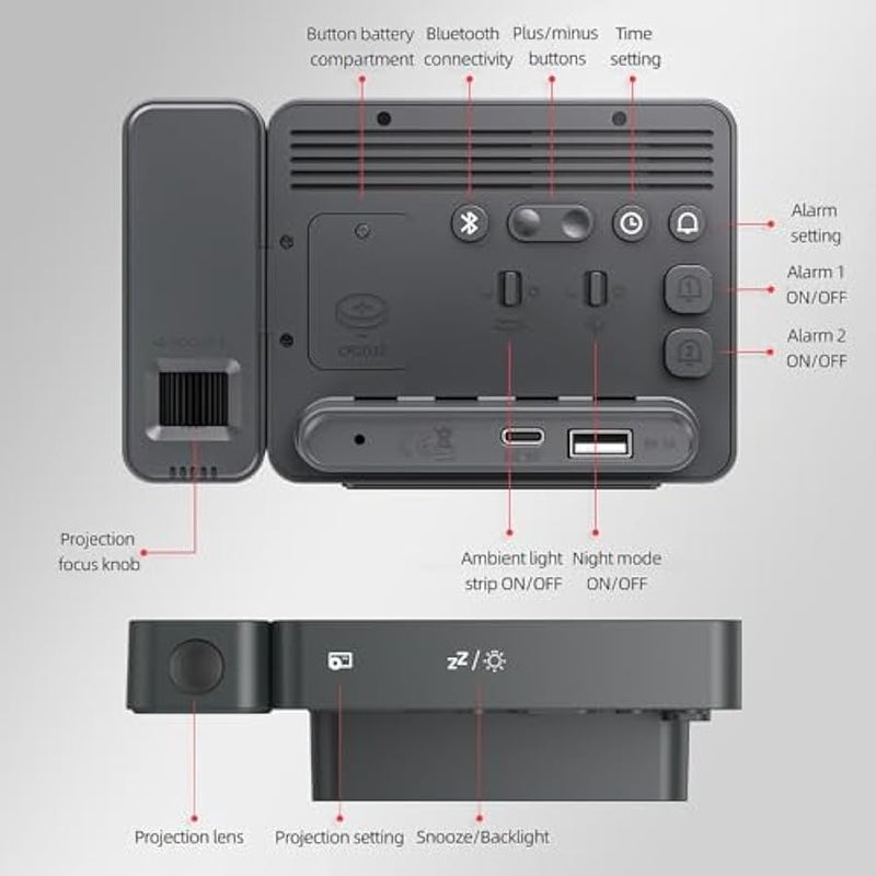 أنكوفو ThreeH Projection Alarm Clock Digital Radio with USB Charger Port Bluetooth Auto Sync Wall Clock Adjustable Volume Temp Humidity Calendar Snooze 12/24H Night Light for Bedrooms Ceiling - Image 3