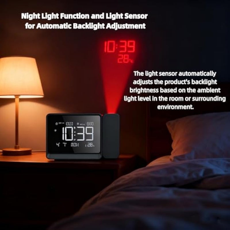 أنكوفو ThreeH Projection Alarm Clock Digital Radio with USB Charger Port Bluetooth Auto Sync Wall Clock Adjustable Volume Temp Humidity Calendar Snooze 12/24H Night Light for Bedrooms Ceiling - Image 5