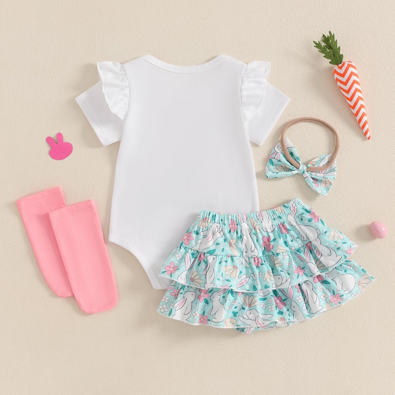 Kuriozud My First Easter Outfit Baby Girl Bunny Romper Onesie Bodysuit +Ruffle Tutu Shorts Bloomer 1st Easter Clothes (White Green My 1st Easter A, 0-3 Months) - Image 4