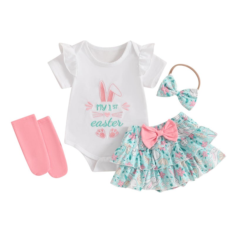 Kuriozud My First Easter Outfit Baby Girl Bunny Romper Onesie Bodysuit +Ruffle Tutu Shorts Bloomer 1st Easter Clothes (White Green My 1st Easter A, 0-3 Months) - Image 1