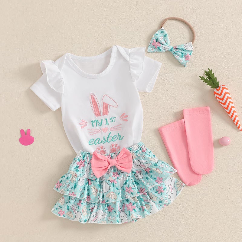 Kuriozud My First Easter Outfit Baby Girl Bunny Romper Onesie Bodysuit +Ruffle Tutu Shorts Bloomer 1st Easter Clothes (White Green My 1st Easter A, 0-3 Months) - Image 3
