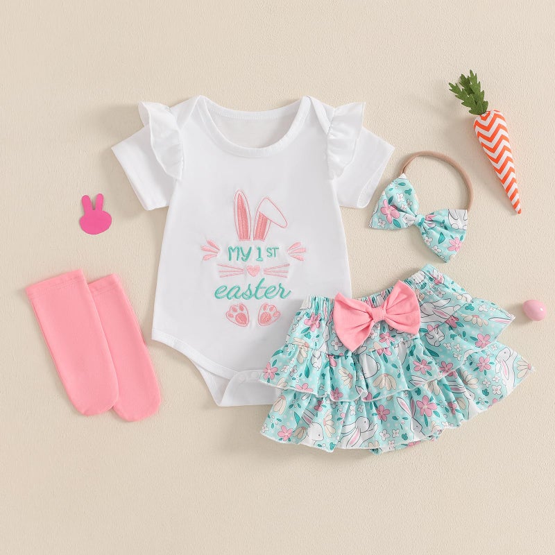 Kuriozud My First Easter Outfit Baby Girl Bunny Romper Onesie Bodysuit +Ruffle Tutu Shorts Bloomer 1st Easter Clothes (White Green My 1st Easter A, 0-3 Months) - Image 2