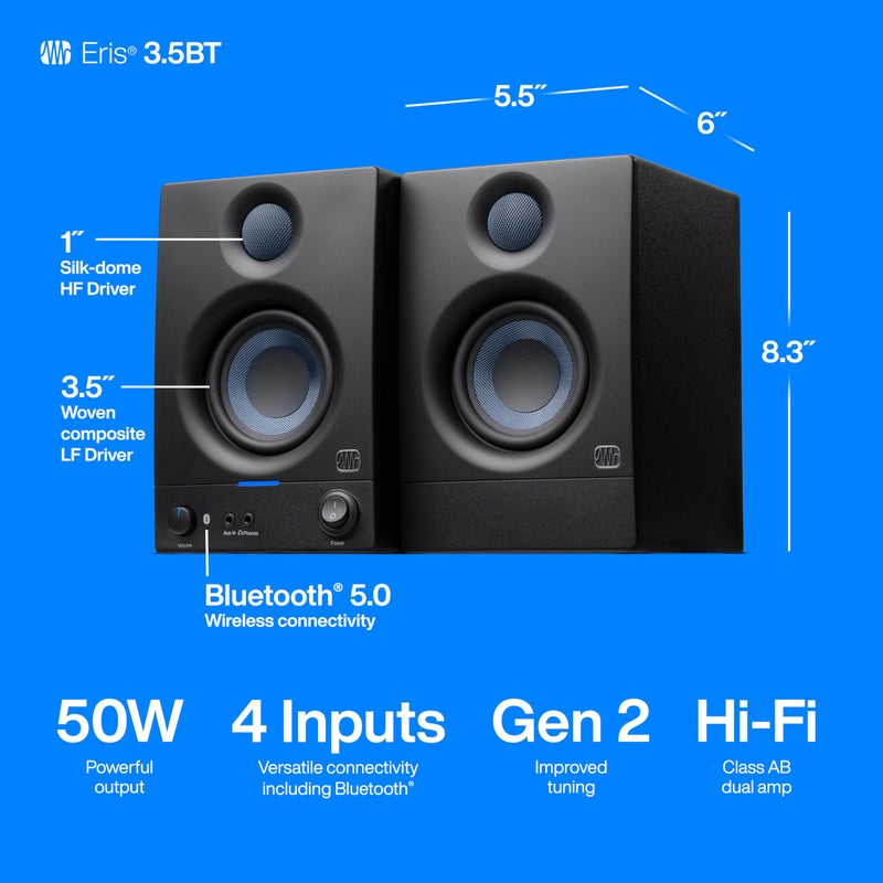 PreSonus Eris 3.5BT Studio Monitors, Pair â€” 3.5" Inch Powered Bookshelf Speakers, Stereo, Desktop Computer, Near Field Music Production, Audio Mixing Recording - Image 5