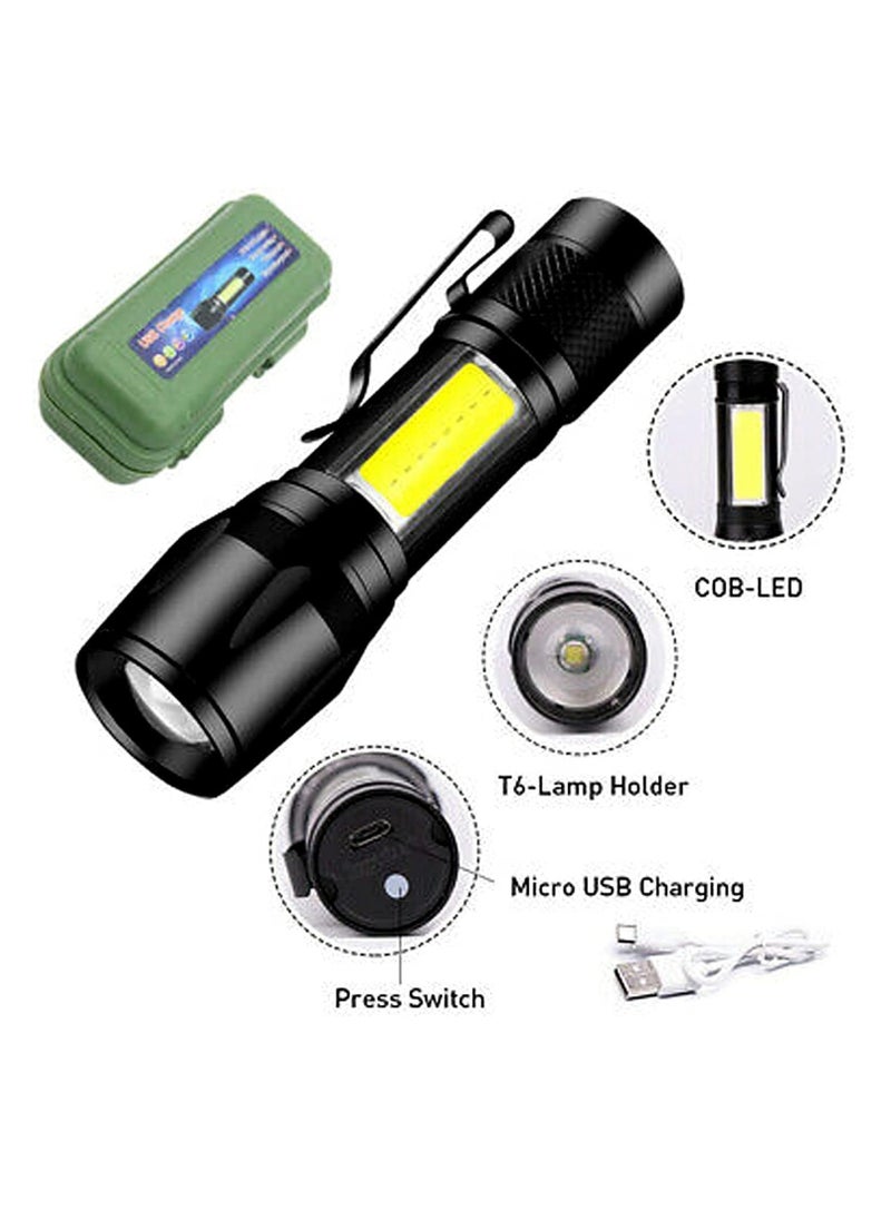 LED Rechargeable Flashlight With COB Side Light-USB Chargeable Torch-Super Bright Torch - Zoomable Best Mini Small LED Bright Flashlight For Camping, Outing And Emergency-No Battery (Black, 9cm)