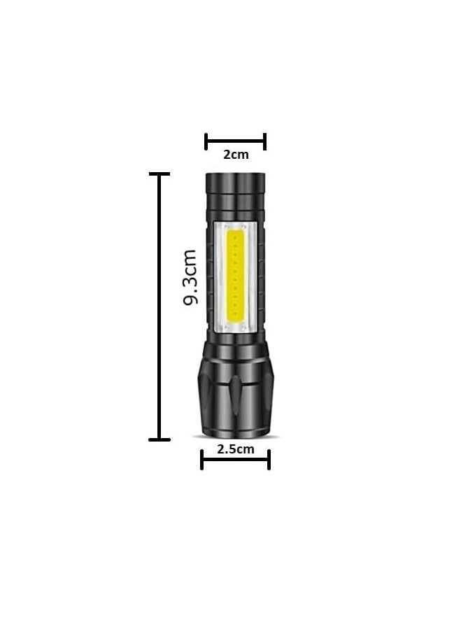 LED Rechargeable Flashlight With COB Side Light-USB Chargeable Torch-Super Bright Torch - Zoomable Best Mini Small LED Bright Flashlight For Camping, Outing And Emergency-No Battery (Black, 9cm)