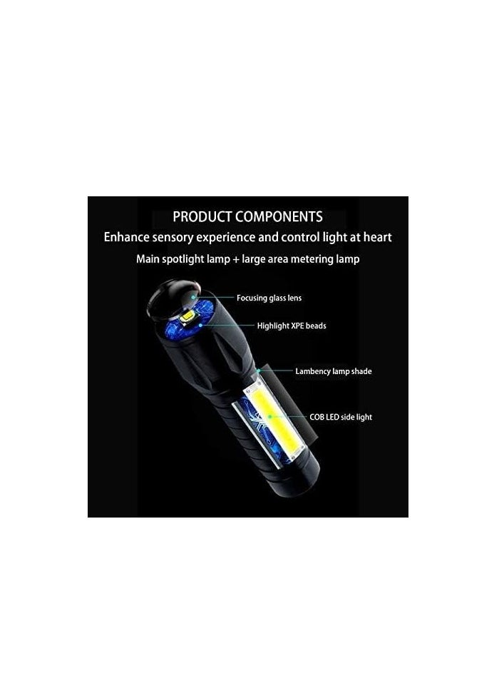 LED Rechargeable Flashlight With COB Side Light-USB Chargeable Torch-Super Bright Torch - Zoomable Best Mini Small LED Bright Flashlight For Camping, Outing And Emergency-No Battery (Black, 9cm)