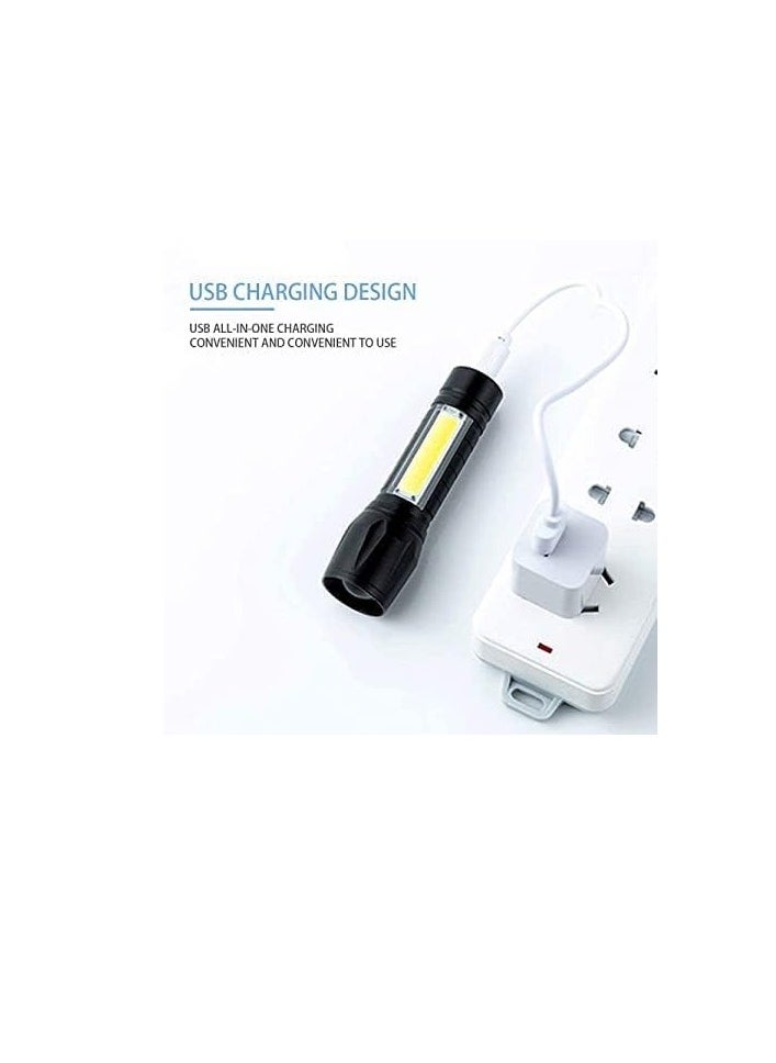 LED Rechargeable Flashlight With COB Side Light-USB Chargeable Torch-Super Bright Torch - Zoomable Best Mini Small LED Bright Flashlight For Camping, Outing And Emergency-No Battery (Black, 9cm)
