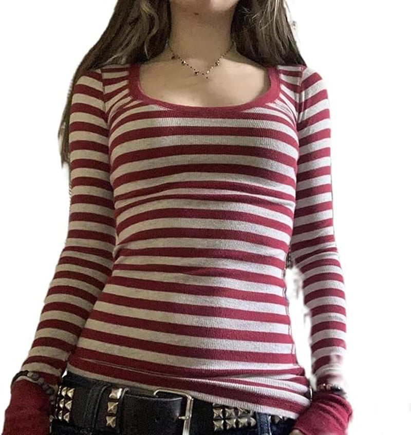 Yojeasrio Women Y2k Striped Grunge Shirts Long Sleeve Crewneck Tee Shirt Top 90s Vintage Aesthetic Harajuku Goth Tops Teen Girls Streetwear Red - Image 1